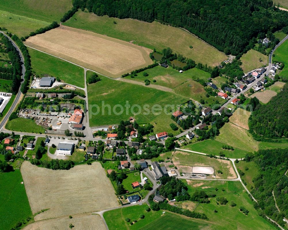 Sien from above - Agricultural land and field boundaries surround the settlement area of the village in Sien in the state Rhineland-Palatinate, Germany