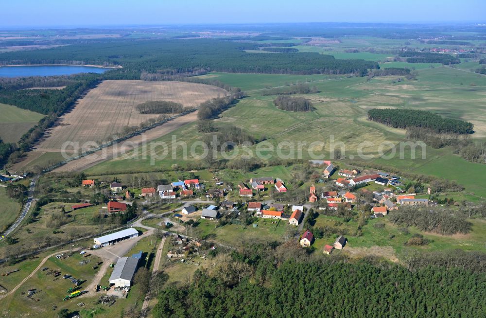 Siggelkow from above - Agricultural land and field boundaries surround the settlement area of the village in Siggelkow in the state Mecklenburg - Western Pomerania, Germany