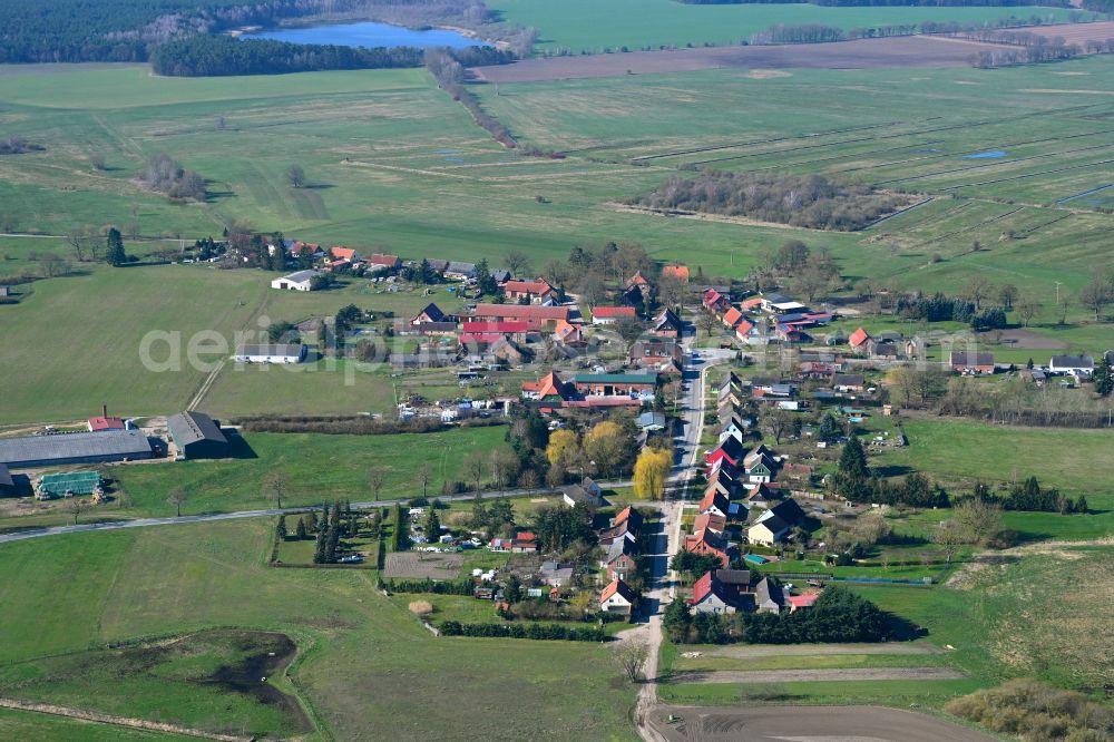 Aerial image Siggelkow - Agricultural land and field boundaries surround the settlement area of the village in Siggelkow in the state Mecklenburg - Western Pomerania, Germany