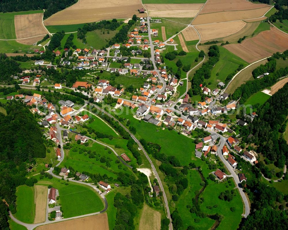 Aerial image Sigmaringen - Agricultural land and field boundaries surround the settlement area of the village in Sigmaringen in the state Baden-Wuerttemberg, Germany