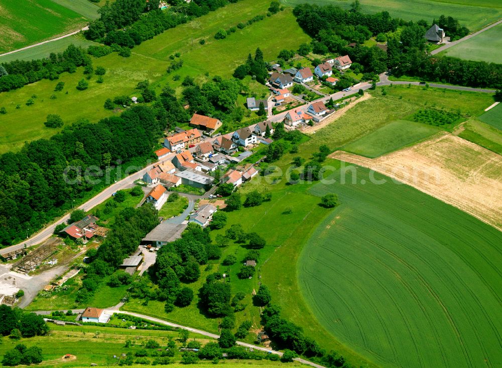 Sippersfeld from above - Agricultural land and field boundaries surround the settlement area of the village in Sippersfeld in the state Rhineland-Palatinate, Germany