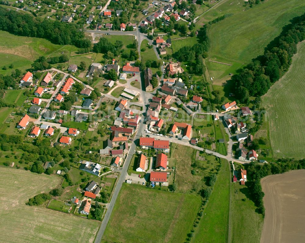 Aerial image Söllmnitz - Agricultural land and field boundaries surround the settlement area of the village in Söllmnitz in the state Thuringia, Germany