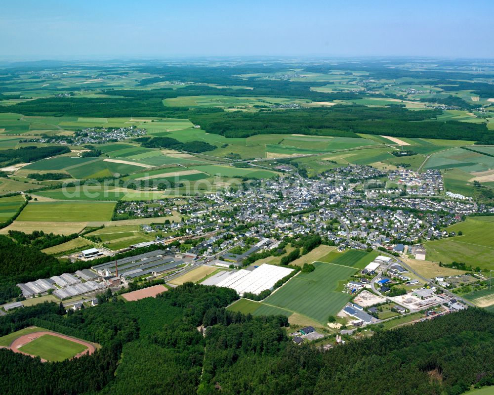 Aerial image Sohren - Agricultural land and field boundaries surround the settlement area of the village in Sohren in the state Rhineland-Palatinate, Germany