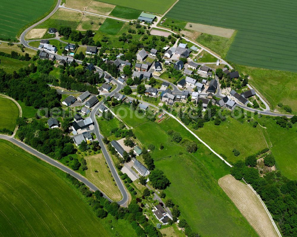 Aerial image Sohrschied - Agricultural land and field boundaries surround the settlement area of the village in Sohrschied in the state Rhineland-Palatinate, Germany