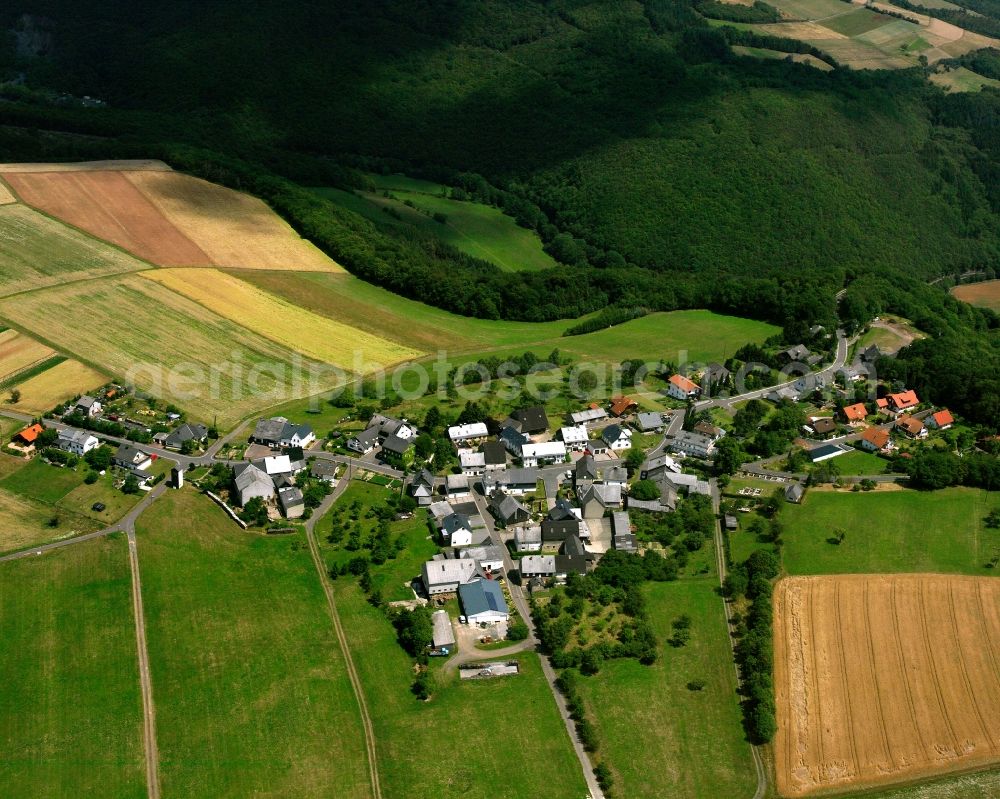 Aerial photograph Sonnschied - Agricultural land and field boundaries surround the settlement area of the village in Sonnschied in the state Rhineland-Palatinate, Germany