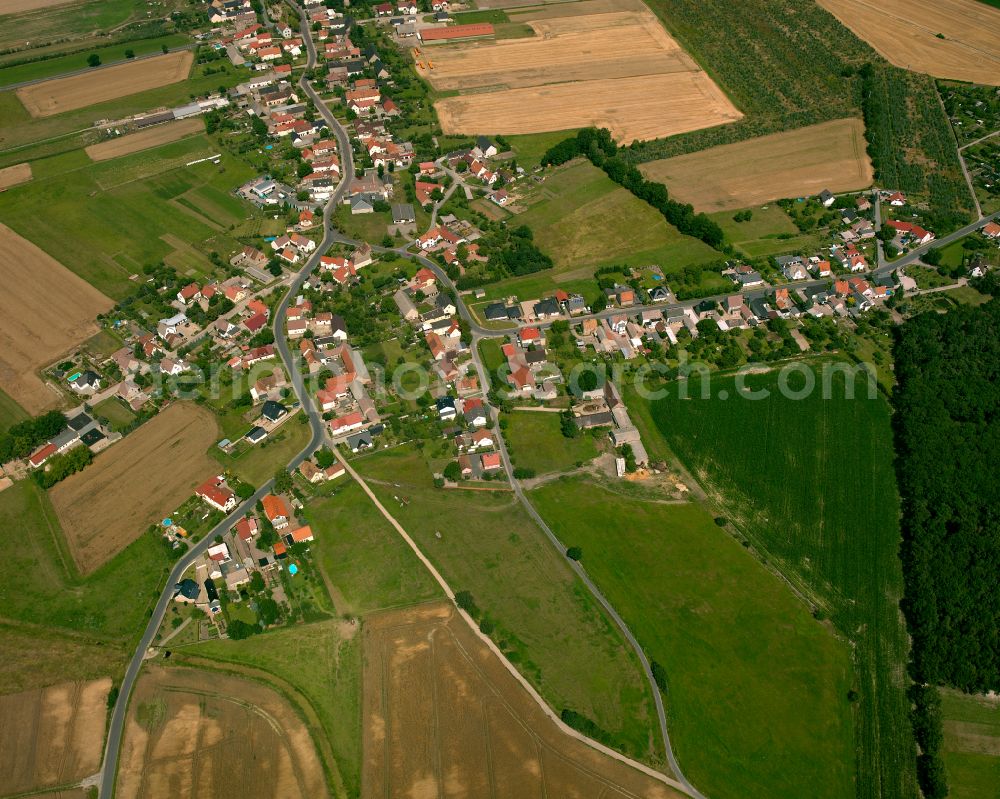 Spansberg from above - Agricultural land and field boundaries surround the settlement area of the village in Spansberg in the state Saxony, Germany