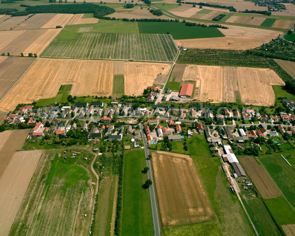 Spansberg from the bird's eye view: Agricultural land and field boundaries surround the settlement area of the village in Spansberg in the state Saxony, Germany