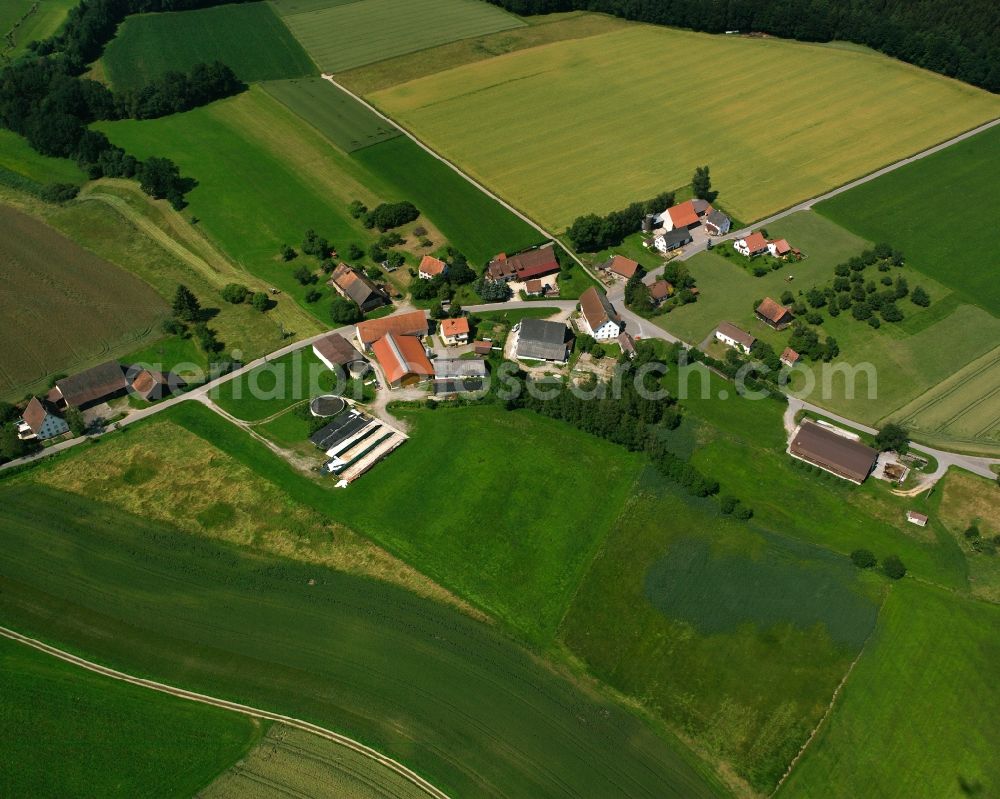 Aerial photograph Spöck - Agricultural land and field boundaries surround the settlement area of the village in Spöck in the state Baden-Wuerttemberg, Germany