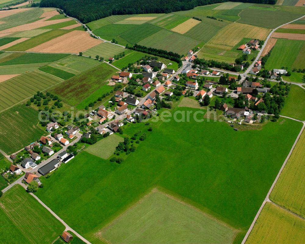 Aerial image Spöck - Agricultural land and field boundaries surround the settlement area of the village in Spöck in the state Baden-Wuerttemberg, Germany