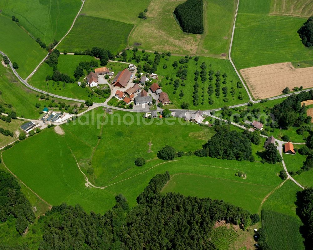 Aerial image Spöck - Agricultural land and field boundaries surround the settlement area of the village in Spöck in the state Baden-Wuerttemberg, Germany