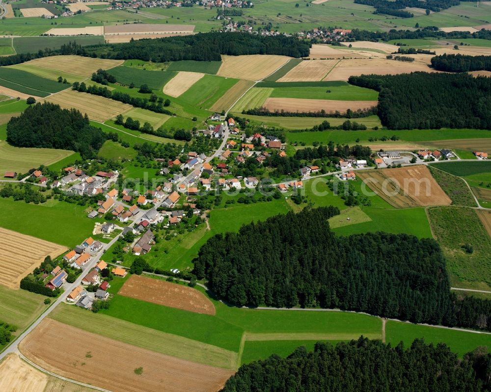 Aerial image Spöck - Agricultural land and field boundaries surround the settlement area of the village in Spöck in the state Baden-Wuerttemberg, Germany