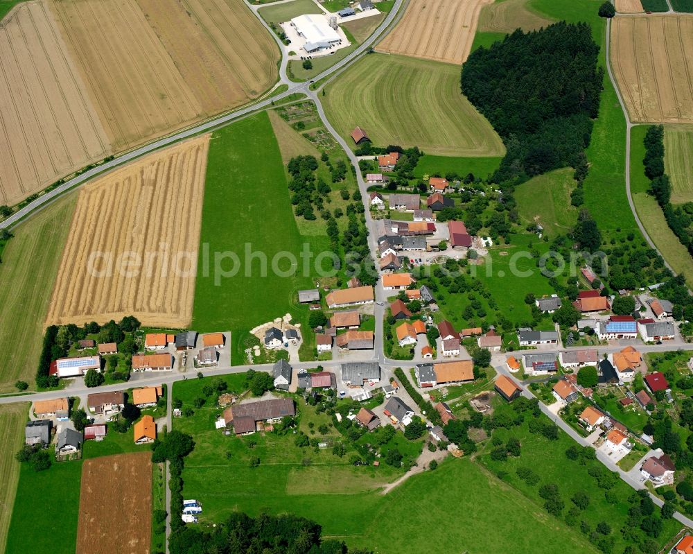 Spöck from the bird's eye view: Agricultural land and field boundaries surround the settlement area of the village in Spöck in the state Baden-Wuerttemberg, Germany