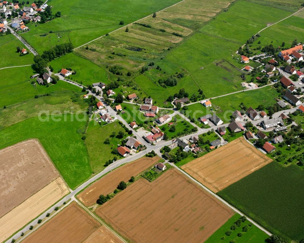 Spöck from the bird's eye view: Agricultural land and field boundaries surround the settlement area of the village in Spöck in the state Baden-Wuerttemberg, Germany