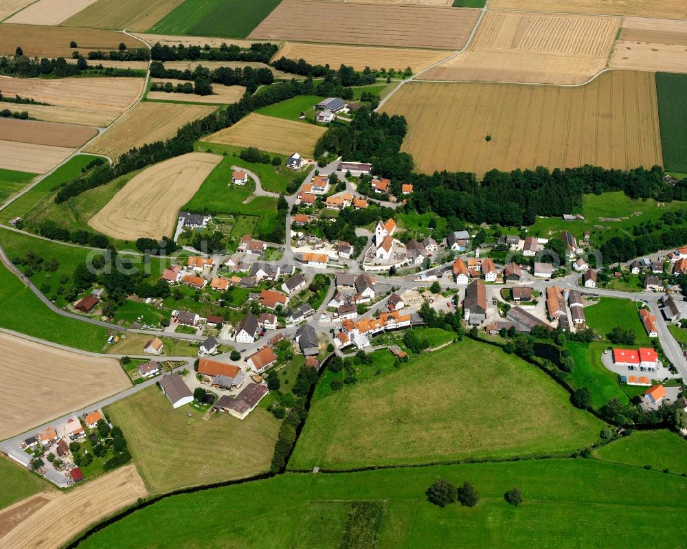 Spöck from the bird's eye view: Agricultural land and field boundaries surround the settlement area of the village in Spöck in the state Baden-Wuerttemberg, Germany