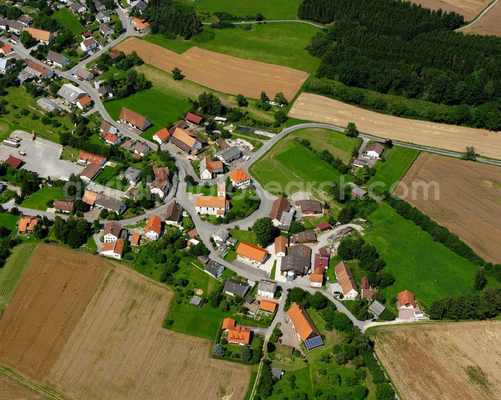 Spöck from above - Agricultural land and field boundaries surround the settlement area of the village in Spöck in the state Baden-Wuerttemberg, Germany