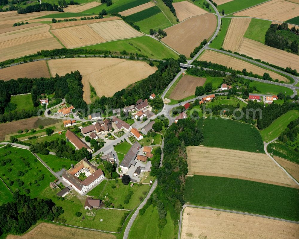 Aerial image Spöck - Agricultural land and field boundaries surround the settlement area of the village in Spöck in the state Baden-Wuerttemberg, Germany