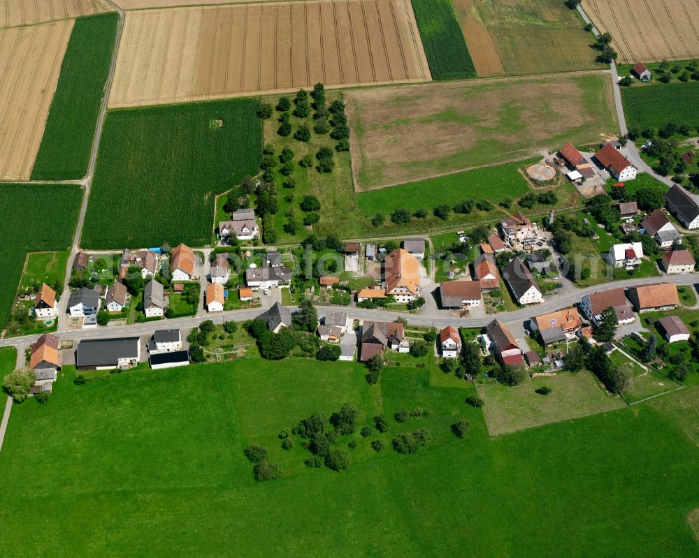 Spöck from the bird's eye view: Agricultural land and field boundaries surround the settlement area of the village in Spöck in the state Baden-Wuerttemberg, Germany