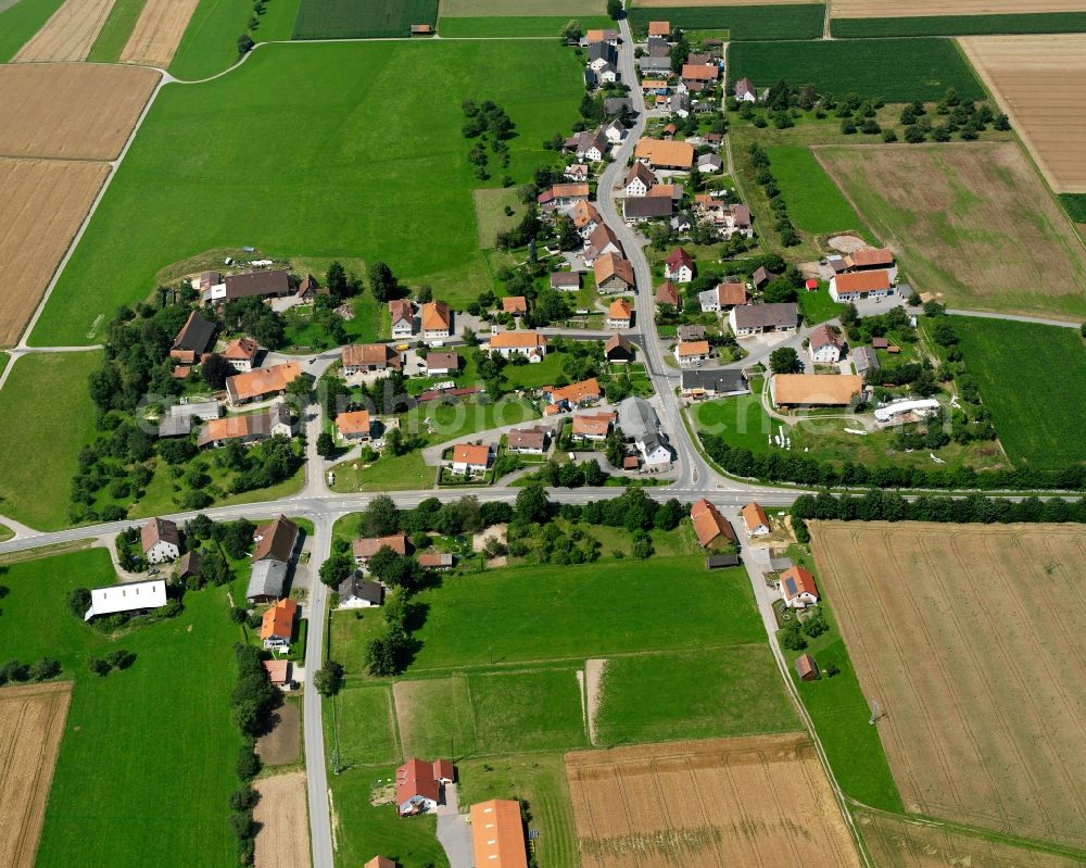 Aerial image Spöck - Agricultural land and field boundaries surround the settlement area of the village in Spöck in the state Baden-Wuerttemberg, Germany