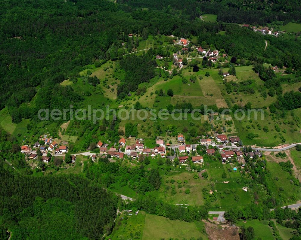 Spiegelberg from above - Agricultural land and field boundaries surround the settlement area of the village in Spiegelberg in the state Baden-Wuerttemberg, Germany