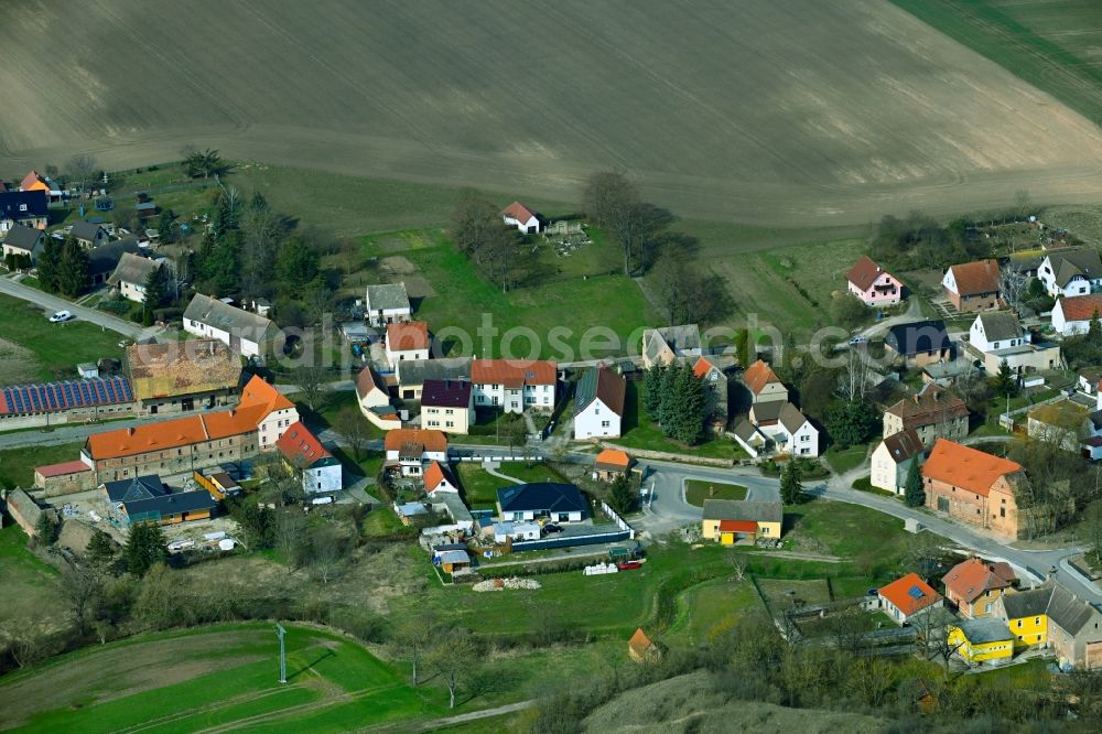 Spielberg from above - Agricultural land and field boundaries surround the settlement area of the village in Spielberg in the state Saxony-Anhalt, Germany