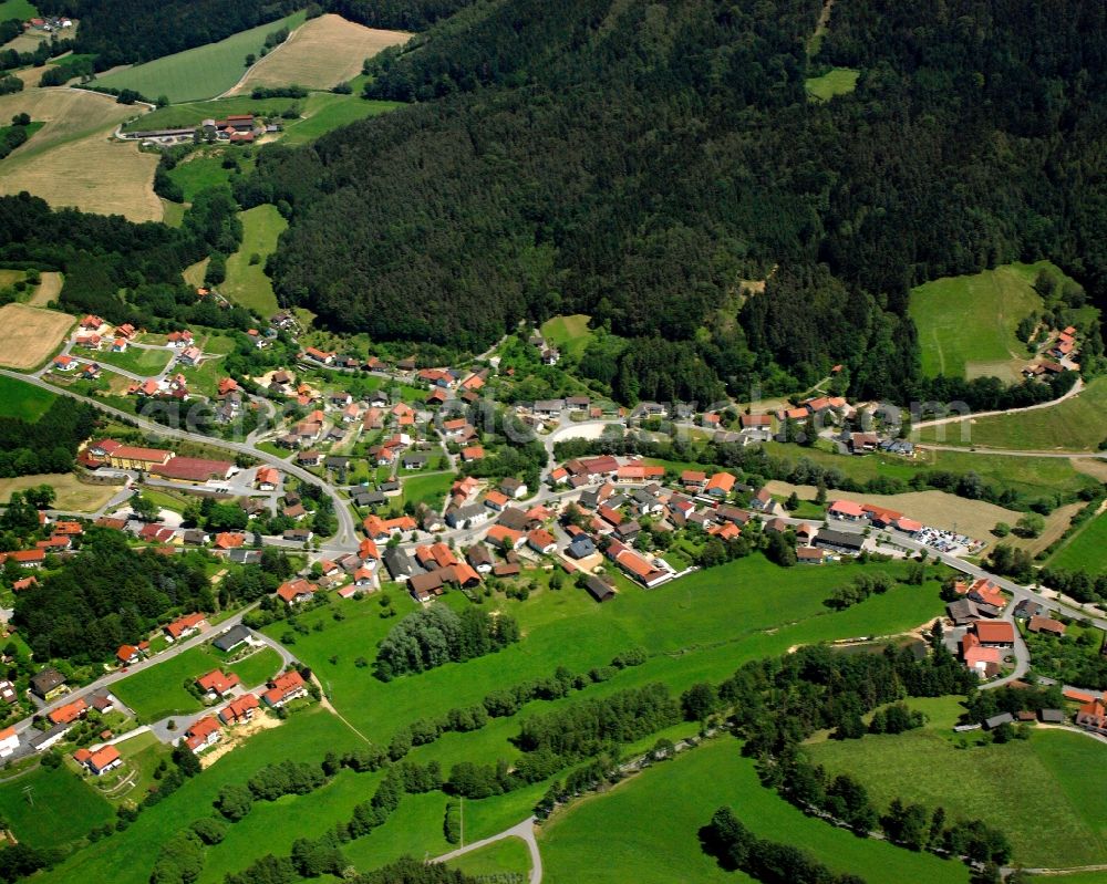 Stallwang from the bird's eye view: Agricultural land and field boundaries surround the settlement area of the village in Stallwang in the state Bavaria, Germany