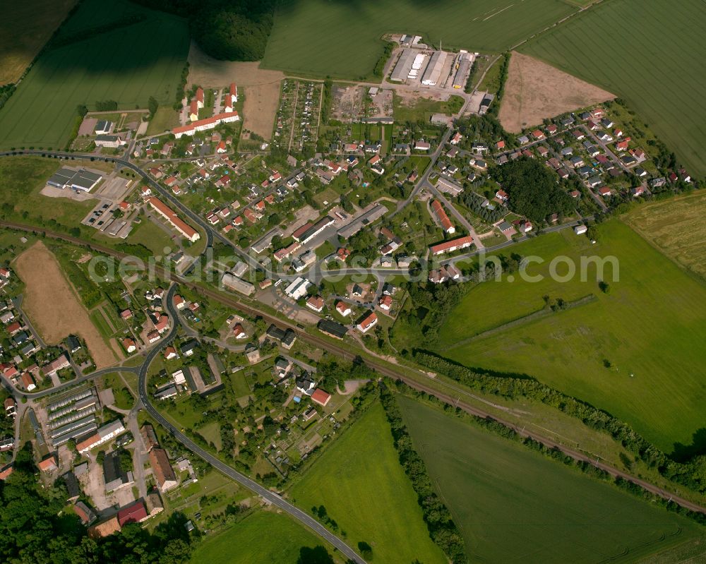 Stauchitz from the bird's eye view: Agricultural land and field boundaries surround the settlement area of the village in Stauchitz in the state Saxony, Germany