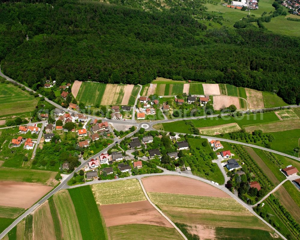 Stöckenhof from the bird's eye view: Agricultural land and field boundaries surround the settlement area of the village in Stöckenhof in the state Baden-Wuerttemberg, Germany