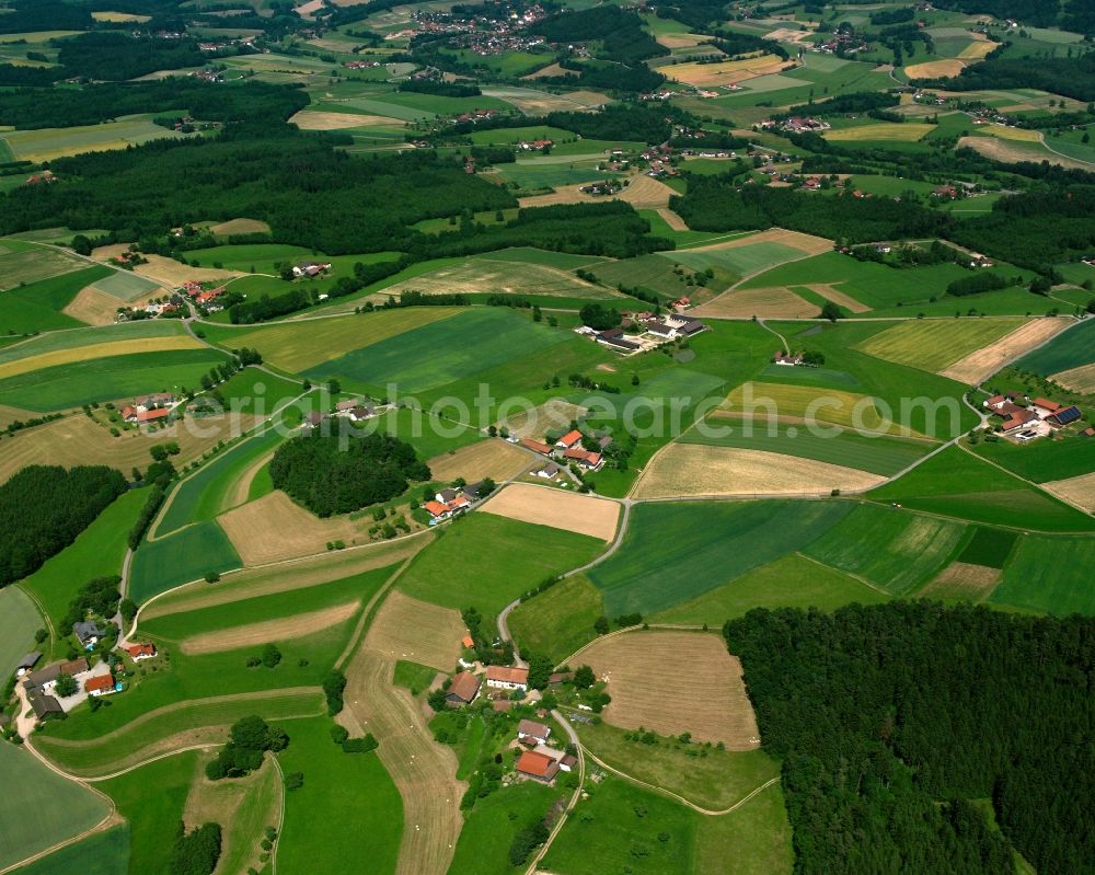 Steckenhof from above - Agricultural land and field boundaries surround the settlement area of the village in Steckenhof in the state Bavaria, Germany