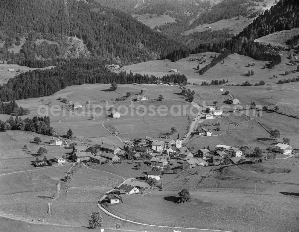 Aerial photograph Steibis - Agricultural land and field boundaries surround the settlement area of the village in Steibis Allgaeu in the state Bavaria, Germany