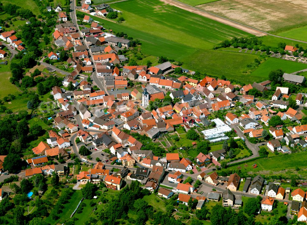 Steinbach am Donnersberg from the bird's eye view: Agricultural land and field boundaries surround the settlement area of the village in Steinbach am Donnersberg in the state Rhineland-Palatinate, Germany