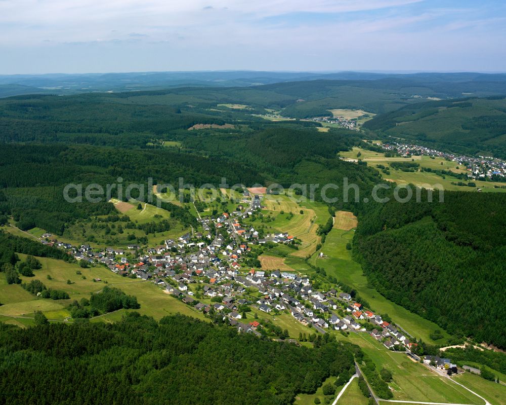 Steinbach from the bird's eye view: Agricultural land and field boundaries surround the settlement area of the village in Steinbach in the state Hesse, Germany