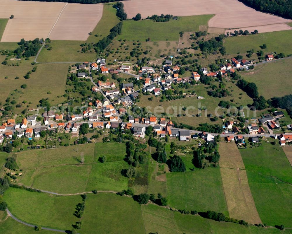 Aerial image Steinbuch - Agricultural land and field boundaries surround the settlement area of the village in Steinbuch in the state Hesse, Germany