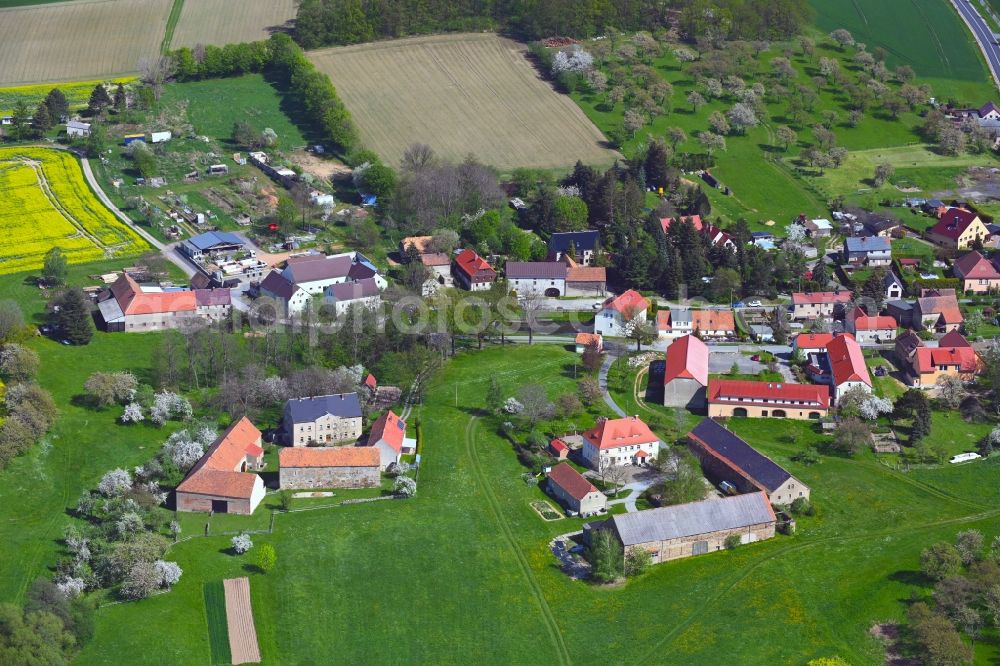 Steindörfel from the bird's eye view: Agricultural land and field boundaries surround the settlement area of the village on B6 in Steindoerfel in the state Saxony, Germany