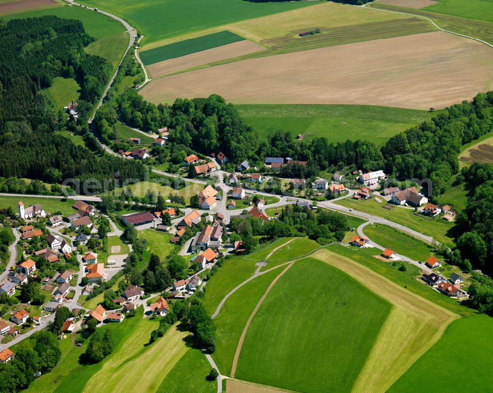 Aerial image Steinhausen an der Rottum - Agricultural land and field boundaries surround the settlement area of the village in Steinhausen an der Rottum in the state Baden-Wuerttemberg, Germany