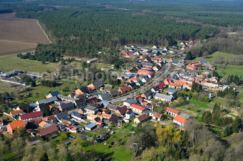 Stepenitz from the bird's eye view: Agricultural land and field boundaries surround the settlement area of the village in Stepenitz in the state Brandenburg, Germany