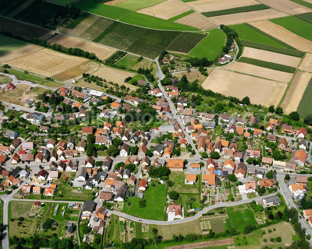 Stetten a.H. from the bird's eye view: Agricultural land and field boundaries surround the settlement area of the village in Stetten a.H. in the state Baden-Wuerttemberg, Germany