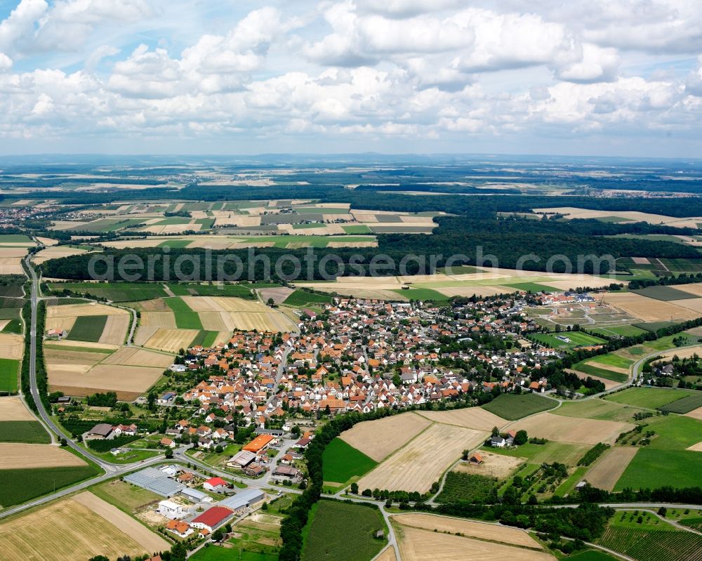 Stetten a.H. from above - Agricultural land and field boundaries surround the settlement area of the village in Stetten a.H. in the state Baden-Wuerttemberg, Germany