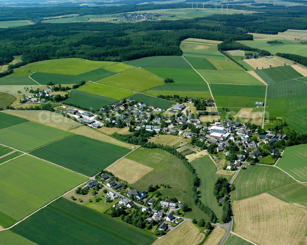 St.Georgenhausen from the bird's eye view: Agricultural land and field boundaries surround the settlement area of the village in St.Georgenhausen in the state Rhineland-Palatinate, Germany