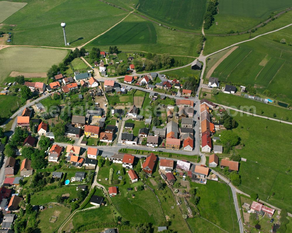 Stiege from the bird's eye view: Agricultural land and field boundaries surround the settlement area of the village in Stiege in the state Saxony-Anhalt, Germany