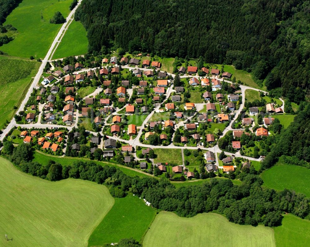 Stockfield from above - Agricultural land and field boundaries surround the settlement area of the village in Stockfield in the state Baden-Wuerttemberg, Germany