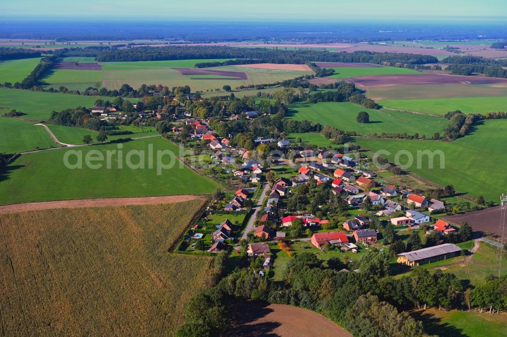 Stolpe from the bird's eye view: Agricultural land and field boundaries surround the settlement area of the village in Stolpe in the state Mecklenburg - Western Pomerania, Germany