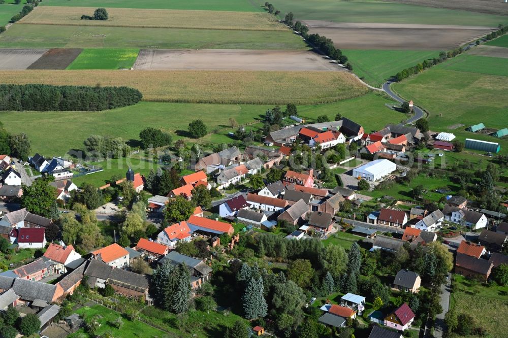 Streetz from above - Agricultural land and field boundaries surround the settlement area of the village in Streetz in the state Saxony-Anhalt, Germany