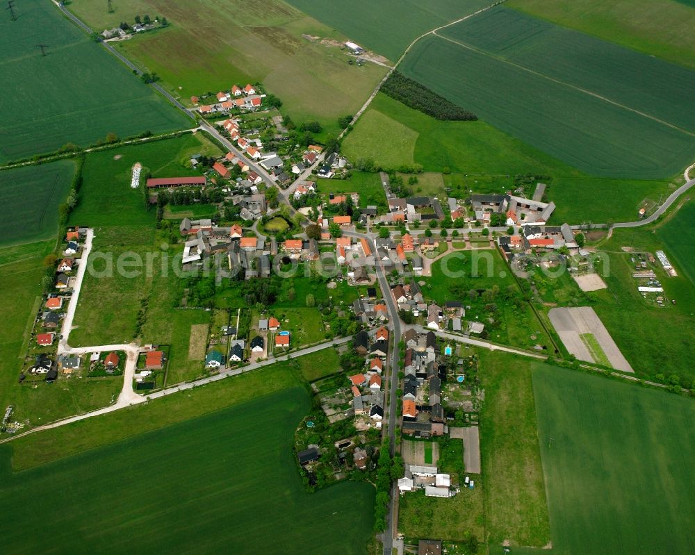 Streetz from above - Agricultural land and field boundaries surround the settlement area of the village in Streetz in the state Saxony-Anhalt, Germany