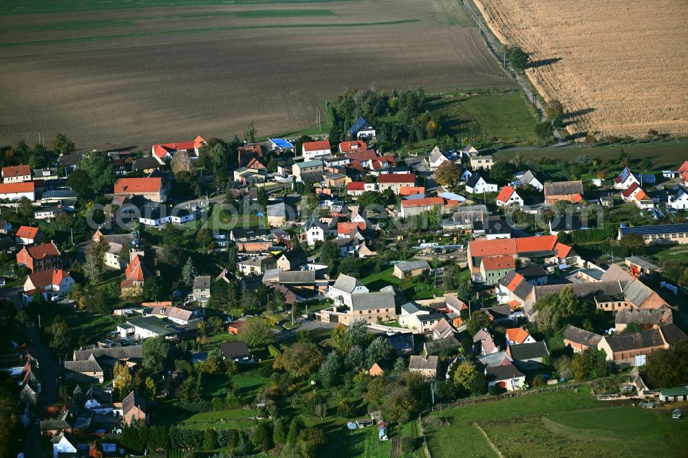 Strenznaundorf from above - Agricultural land and field boundaries surround the settlement area of the village in Strenznaundorf in the state Saxony-Anhalt, Germany