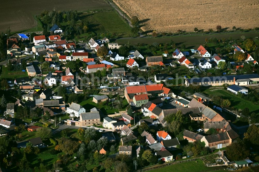 Strenznaundorf from the bird's eye view: Agricultural land and field boundaries surround the settlement area of the village in Strenznaundorf in the state Saxony-Anhalt, Germany