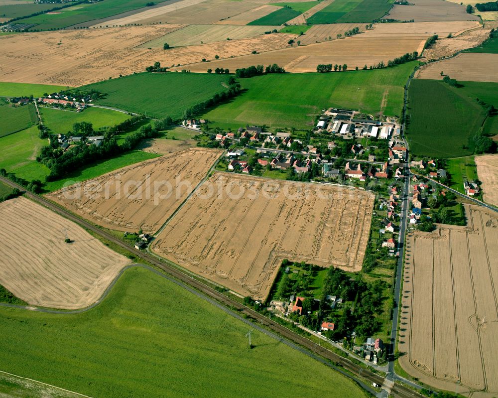 Aerial image Strießen - Agricultural land and field boundaries surround the settlement area of the village in Strießen in the state Saxony, Germany