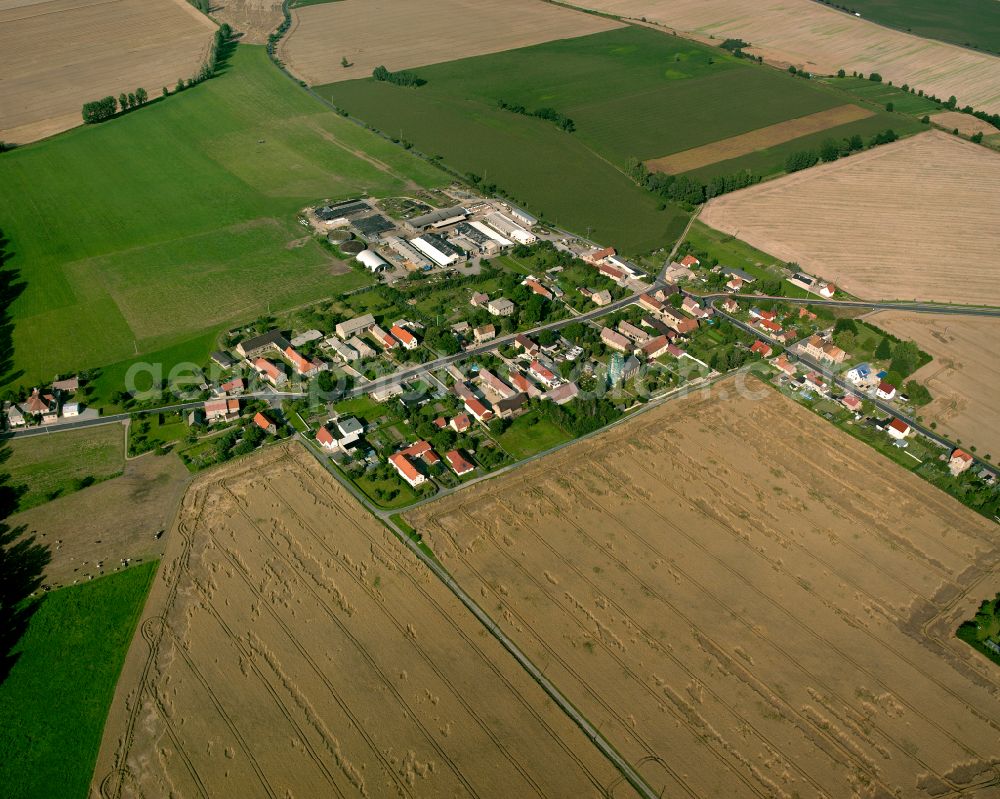 Aerial photograph Strießen - Agricultural land and field boundaries surround the settlement area of the village in Strießen in the state Saxony, Germany