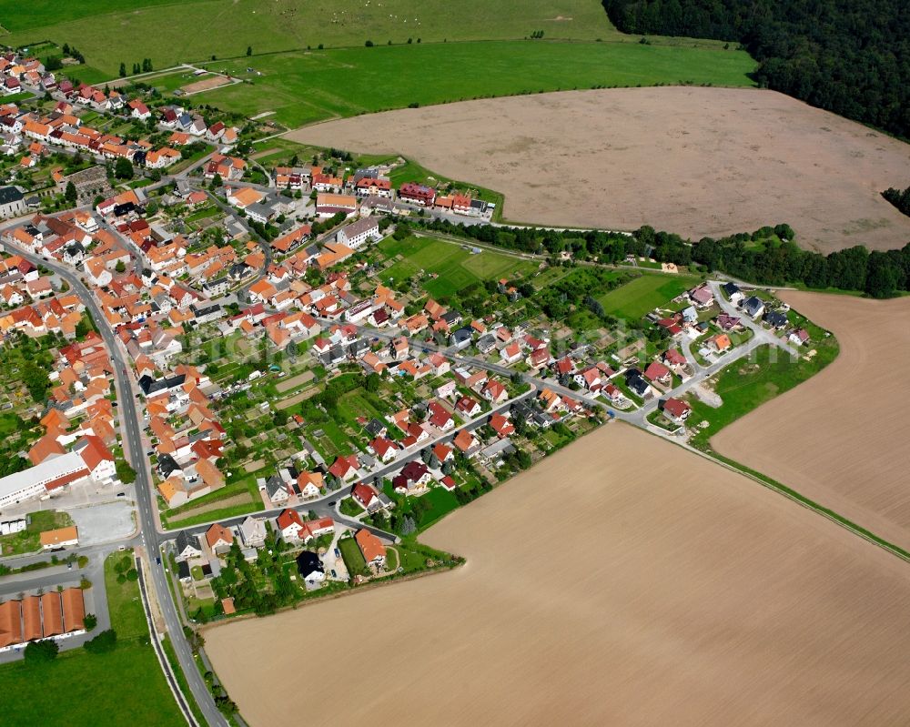 Struth from the bird's eye view: Agricultural land and field boundaries surround the settlement area of the village in Struth in the state Thuringia, Germany