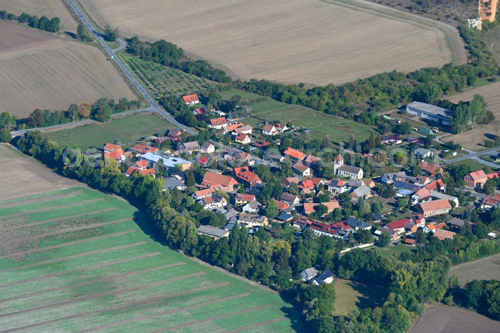 Stötterlingen from above - Agricultural land and field boundaries surround the settlement area of the village in Stoetterlingen in the state Saxony-Anhalt, Germany