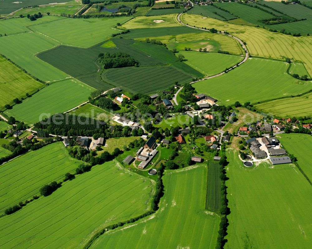 Stubben from the bird's eye view: Agricultural land and field boundaries surround the settlement area of the village in Stubben in the state Schleswig-Holstein, Germany